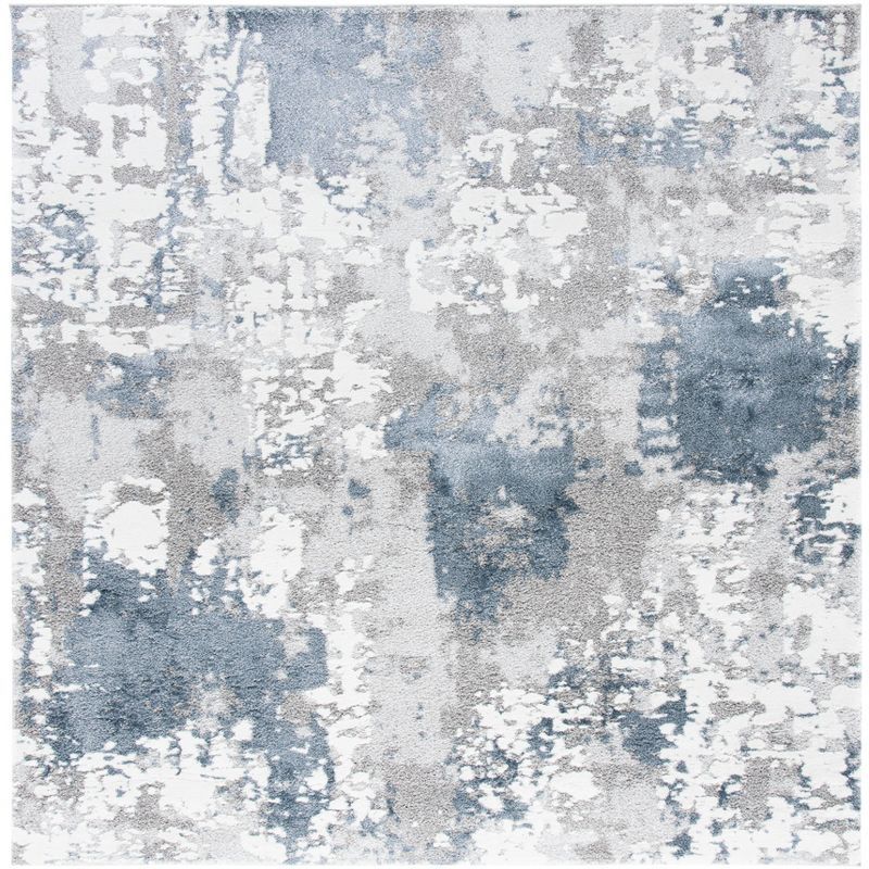 Modern Abstract Square Gray and Blue Synthetic Area Rug, 8'