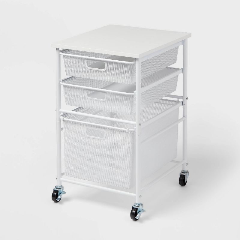 White Steel Mesh Rolling Utility Cart with Drawers