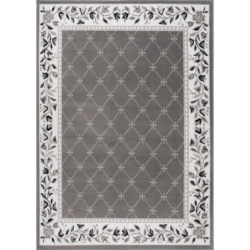 Grey and Ivory Rectangular Traditional Floral Area Rug