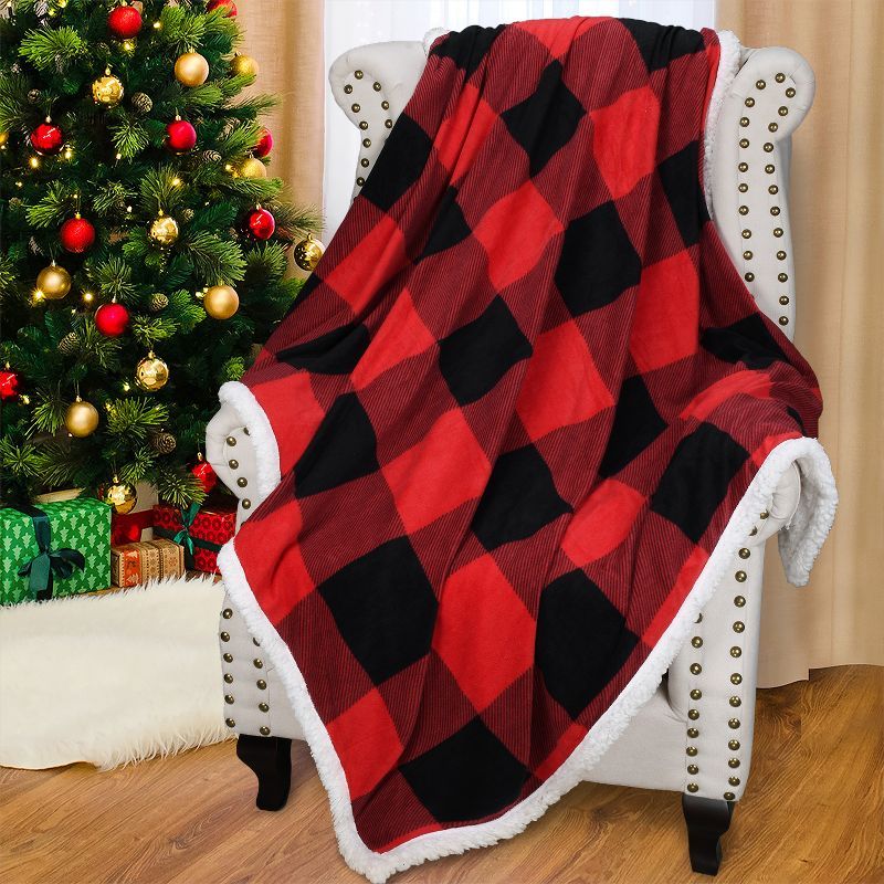 Red and Black Plaid Sherpa Reversible Fleece Throw Blanket