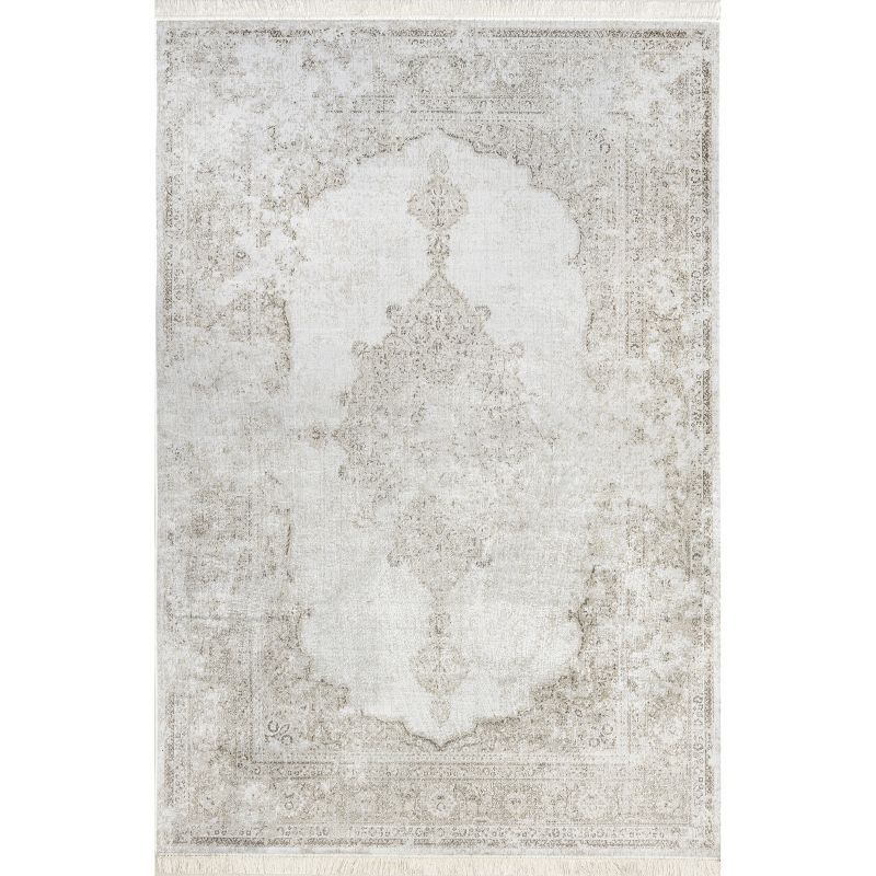 Ivory Medallion 4' x 6' Washable Viscose Area Rug