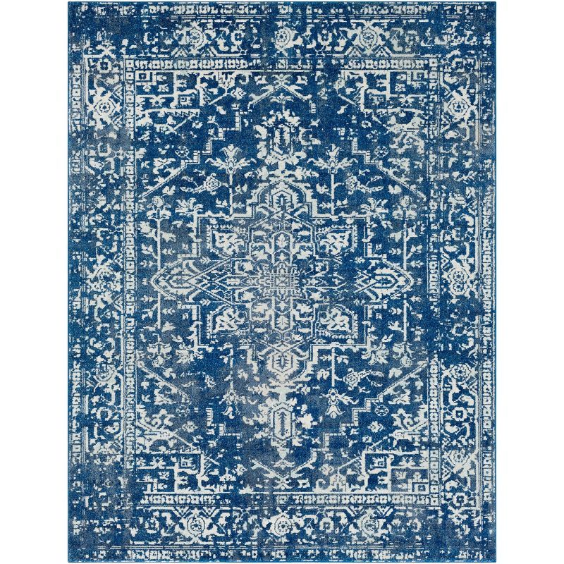 Navy Blue Floral Motif Rectangular Synthetic Area Rug 8' x 10'