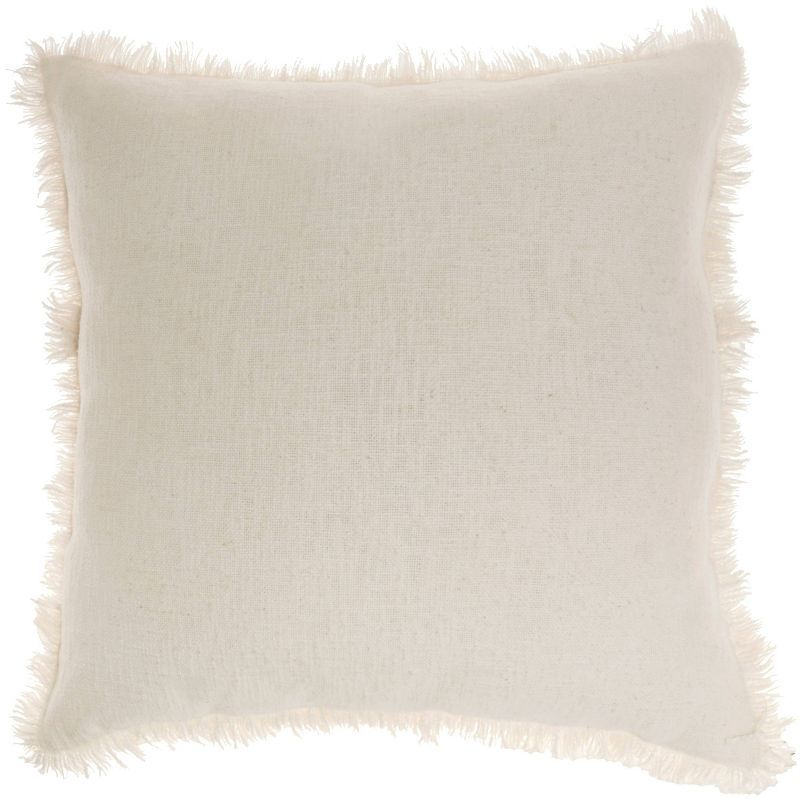 Ivory Stonewash Cotton Square Throw Pillow with Fringe Edges