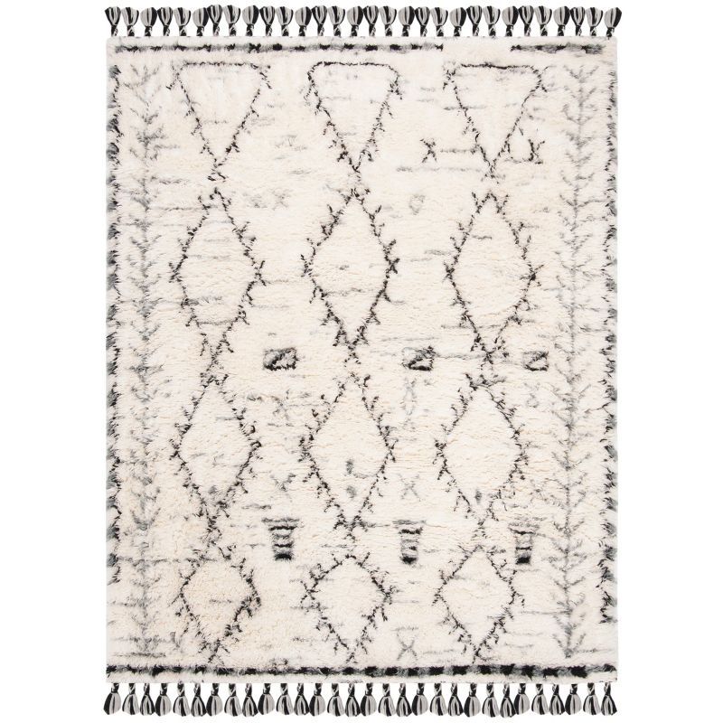 Ivory and Black Hand-Knotted Wool Area Rug with Fringe