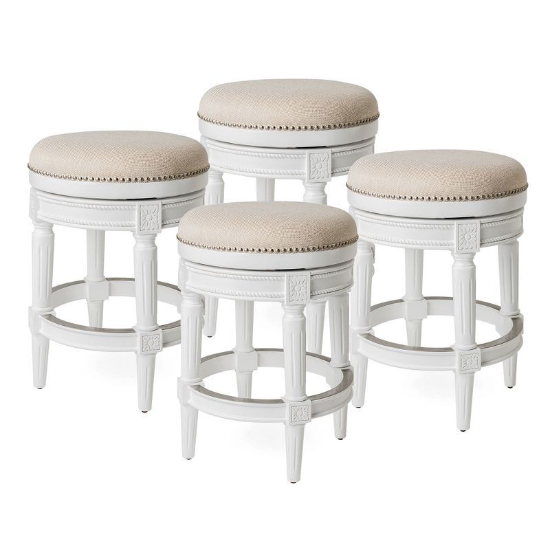 Alabaster White Backless Swivel Wood and Leather Stools, Set of 4