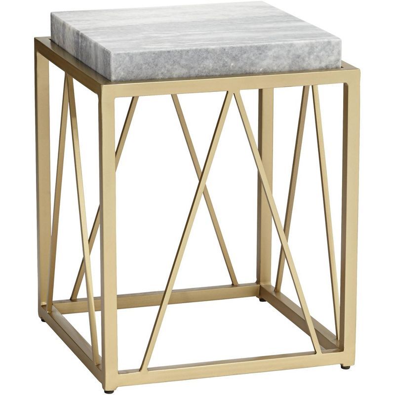 Gold and White Marble Square Accent Table with Geometric Metal Frame