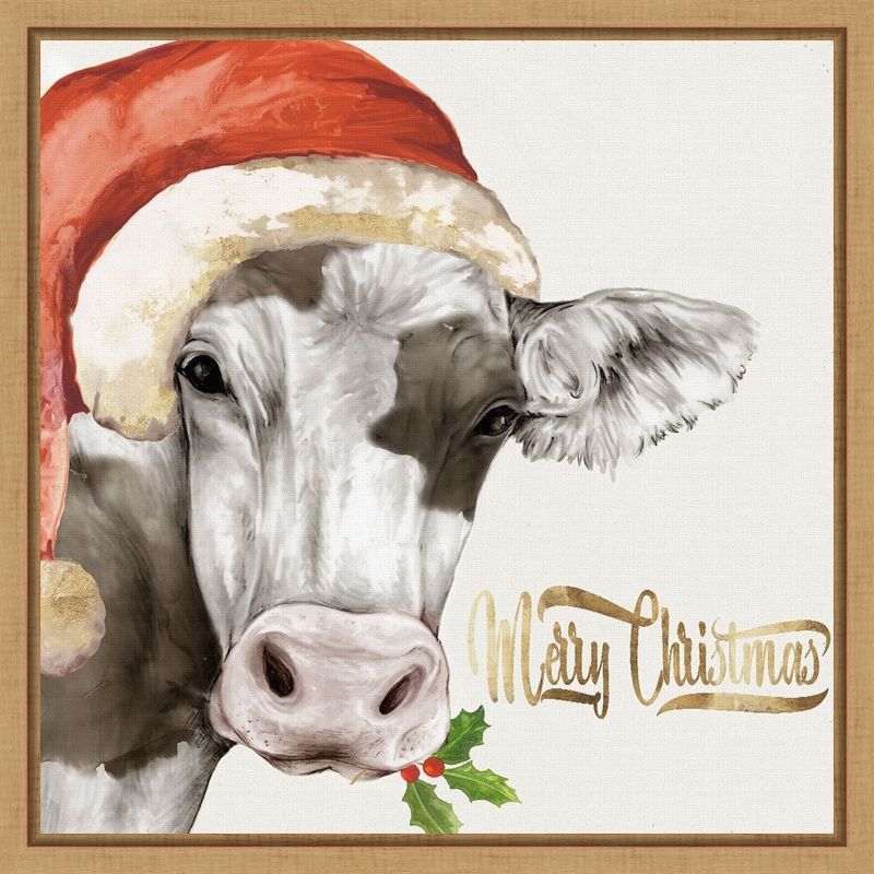 Christmas Cow Print on Canvas with Maple Frame