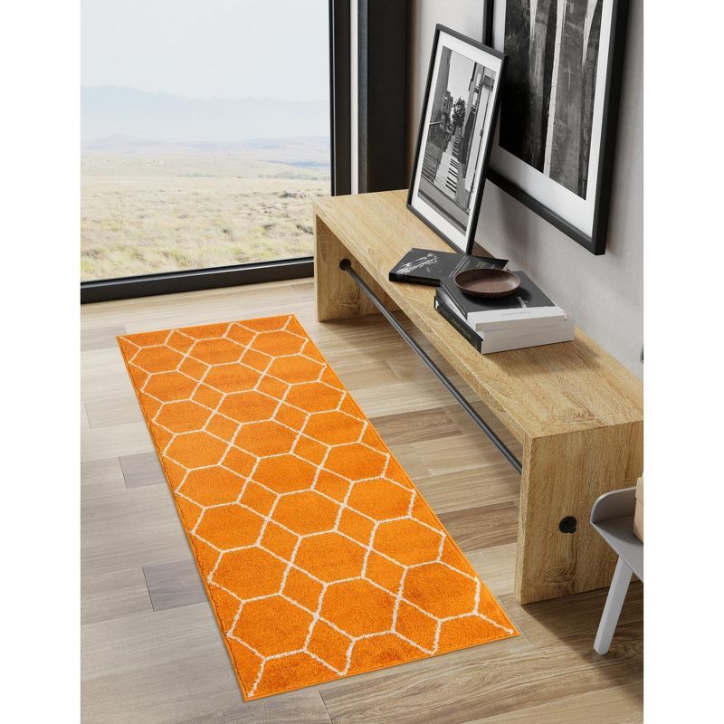 Orange Geometric Trellis Frieze Synthetic Runner Rug