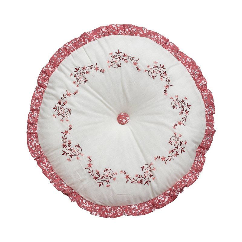 Caroline Round Embroidered White and Red Decorative Pillow