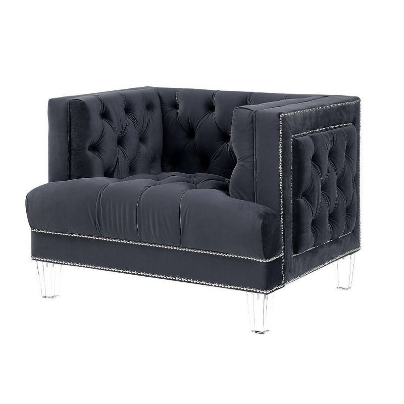 Ansario Charcoal Velvet Tufted Accent Chair with Metal Frame