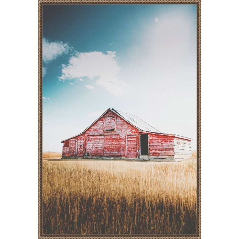 Large Red Barn Framed Canvas Wall Art with Beaded Bronze Frame