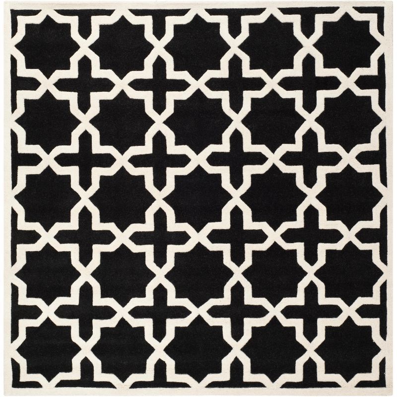 Handmade Black and Ivory Wool Square Area Rug 7'