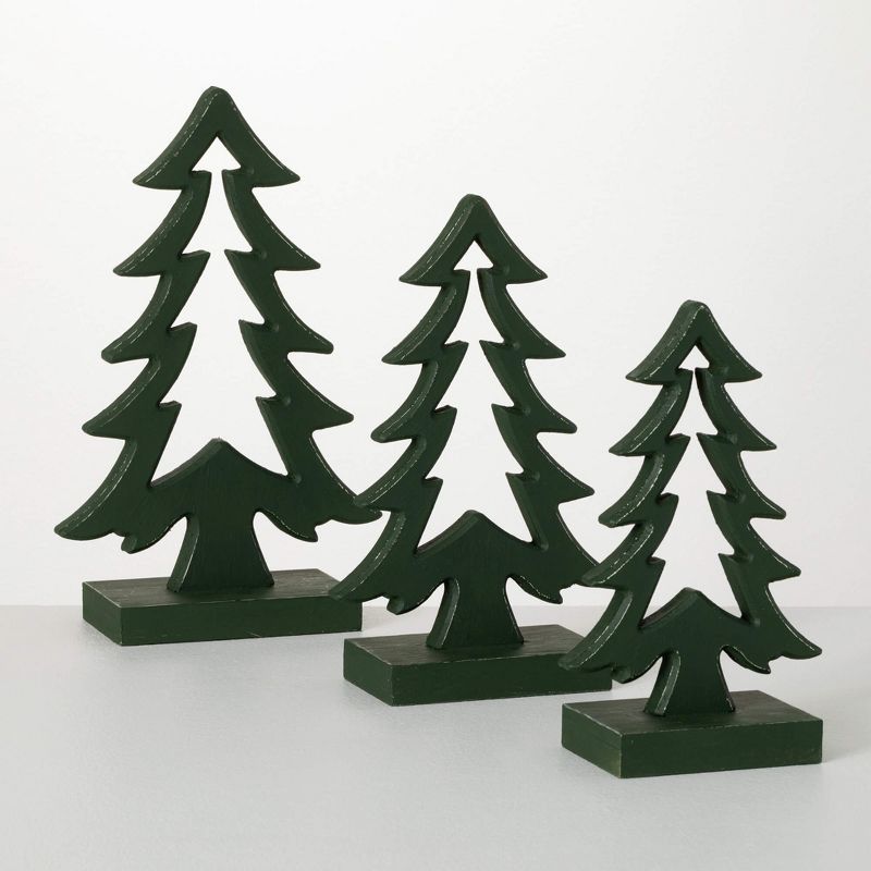 Green Wooden Christmas Tree Figurine Set, 10" to 13.75"