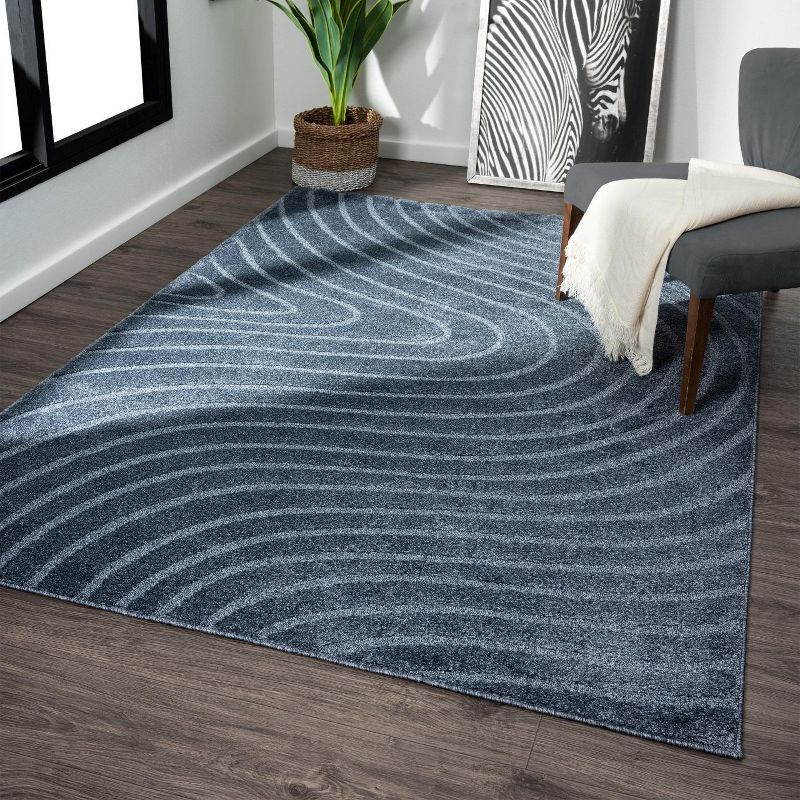 Blue Geometric Wave 9' x 12' Synthetic Area Rug