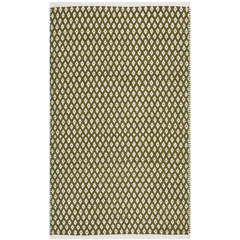 Olive and White Geometric Flatweave Cotton Wool Rug, 2'6" x 4'