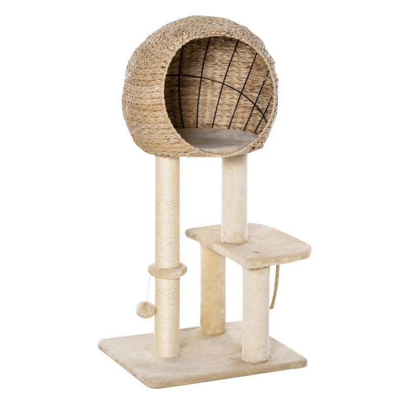 Beige Sisal Cat Tree with Condo and Rope