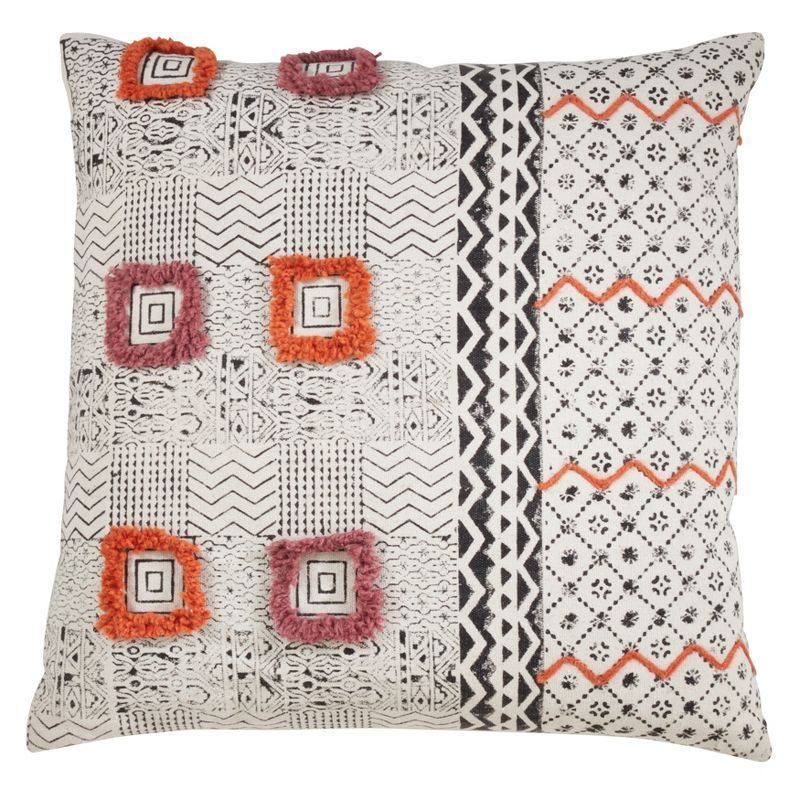 Coral and Black Embroidered Cotton Pillow Cover, 22"