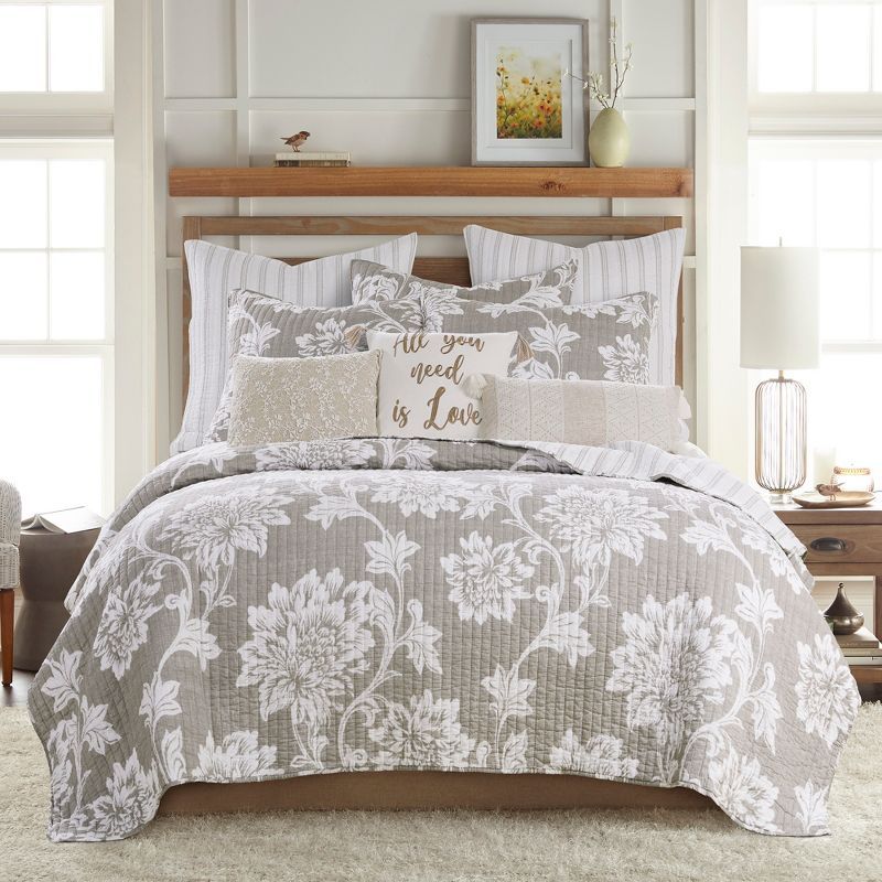 Gray Cotton Reversible Floral Full Quilt Set