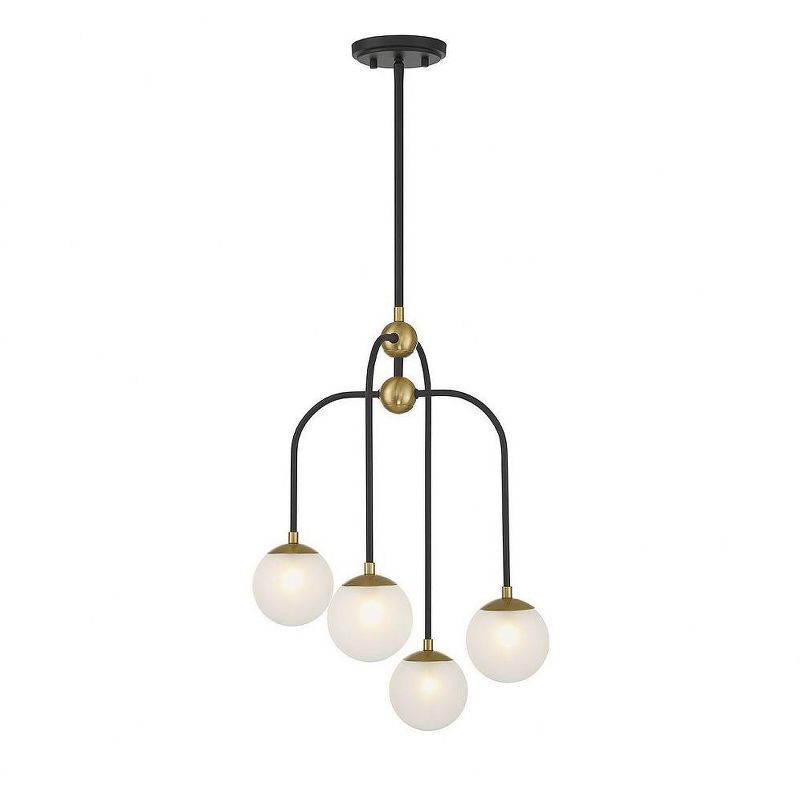 Matte Black and Warm Brass 4-Light Mini Chandelier with Frosted Glass Shades