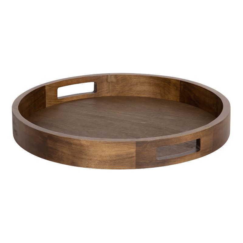 Hutton Rustic Brown Round Wooden Tray with Built-In Handles, 18"