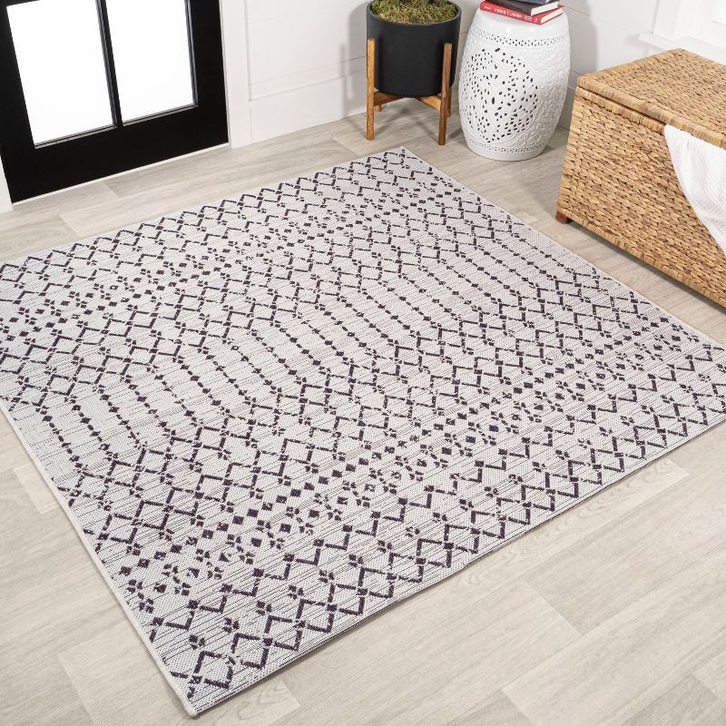 5' Square Cream/Black Geometric Flat Woven Indoor/Outdoor Rug