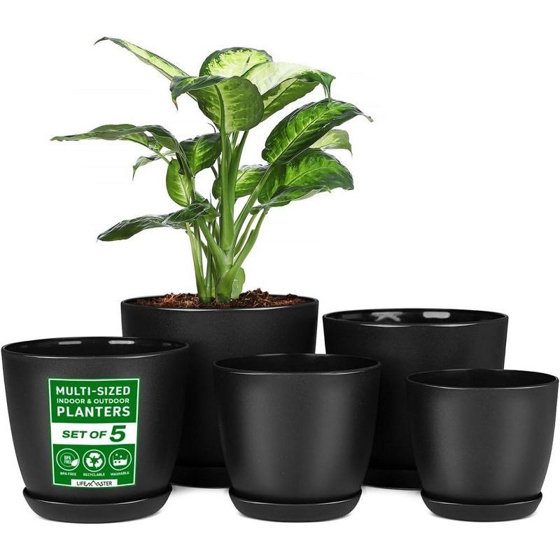 Black Stackable Plastic Plant Pots with Drainage - Set of 5