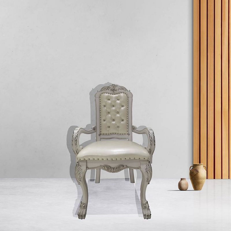 Bone White Faux Leather Tufted Armchair with Wood Frame