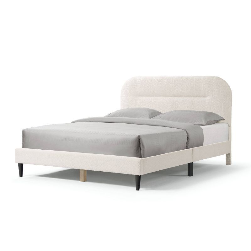 Cream Upholstered Queen Bed with Tufted Headboard and Nailhead Trim