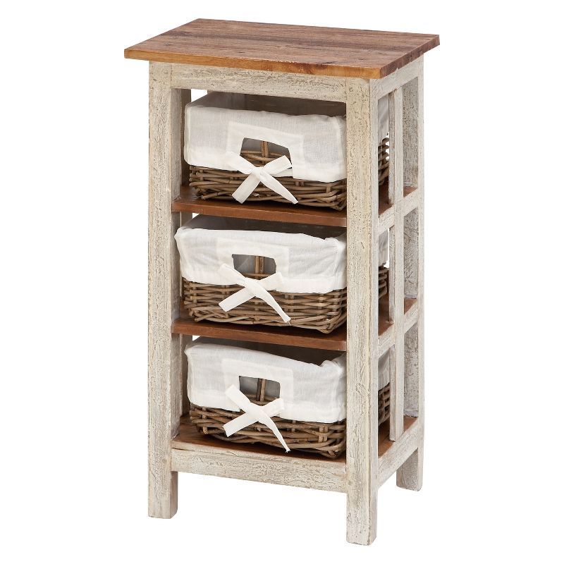 Antiqued White Wood and Rattan 3-Drawer Storage Unit