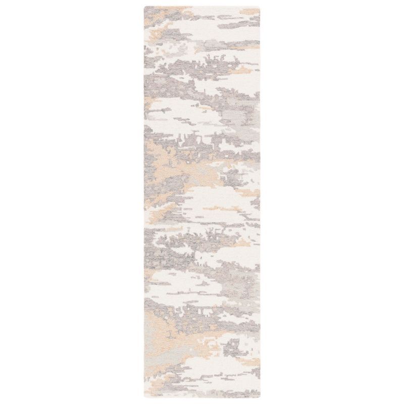 Handmade Abstract Wool Runner Rug - 2'3" x 8', Ivory & Grey
