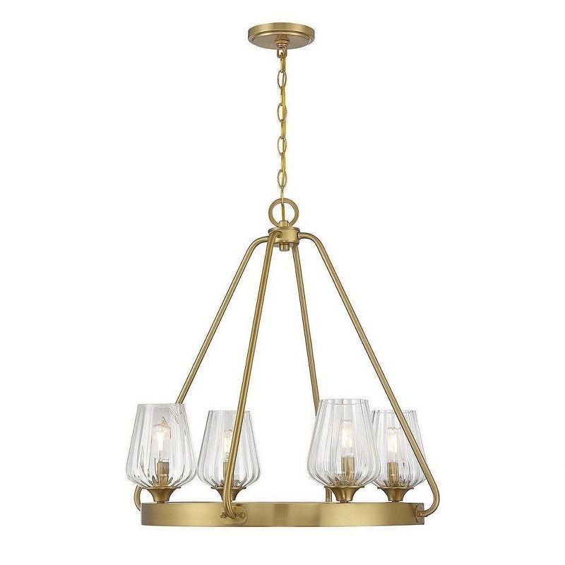 Warm Brass 4-Light Chandelier with Ribbed Glass Shades