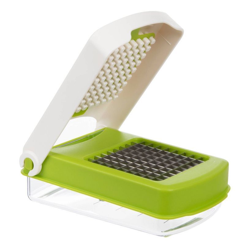 Compact Green and White Manual Veggie Chopper with Plastic Blades