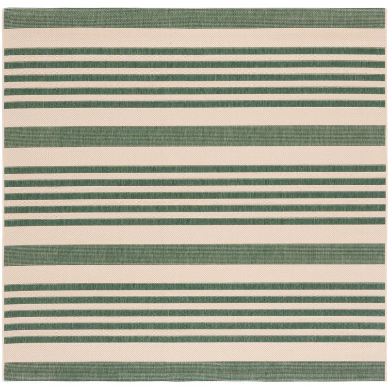 Beige and Dark Green Striped 4' Square Indoor/Outdoor Rug