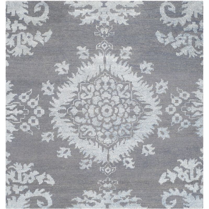 Gray Hand-Knotted Wool and Viscose Square Rug, 6' x 6'