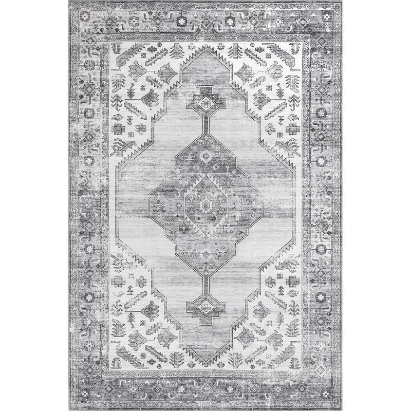 Gray 4' x 6' Distressed Medallion Machine Washable Rug