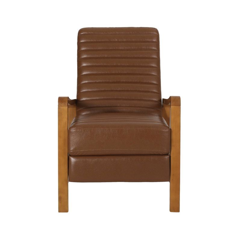 Munro Cognac Brown Faux Leather Recliner with Teak Wood Frame