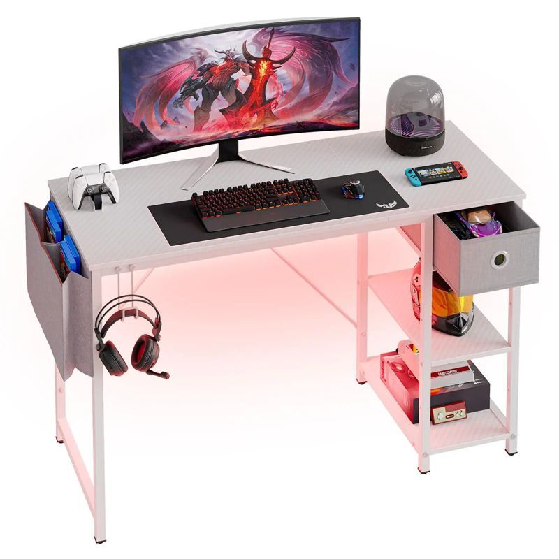 White Particle Board Computer Desk with Drawer and LED Light