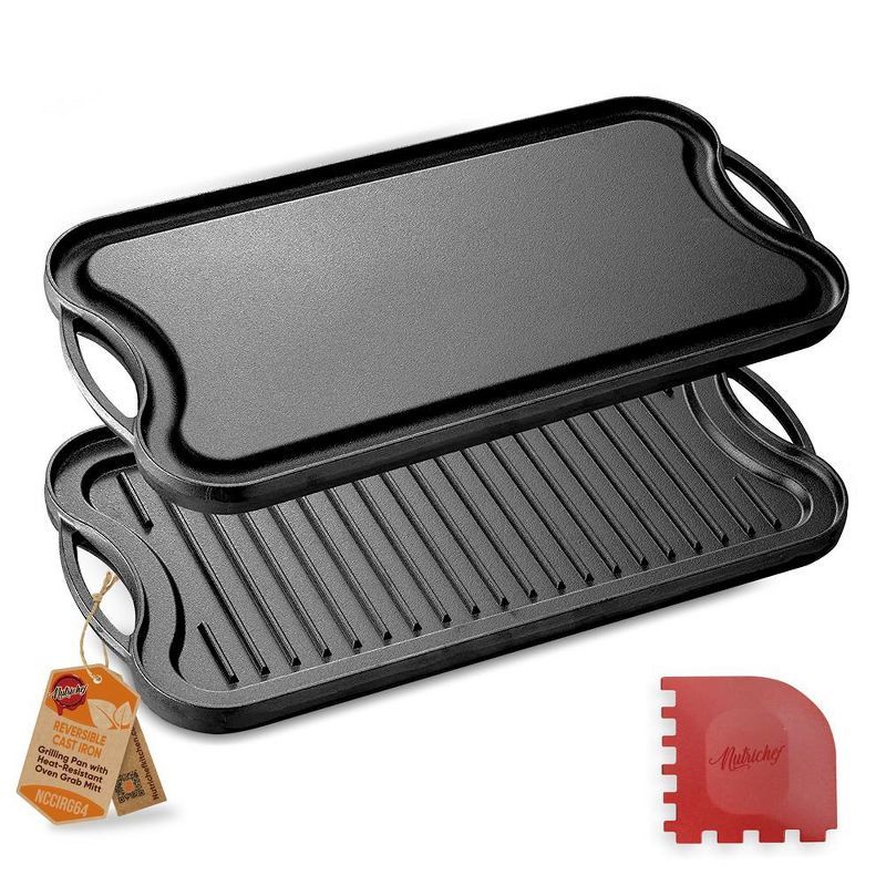 NutriChef Reversible Cast Iron Griddle with Scraper, 21.65"