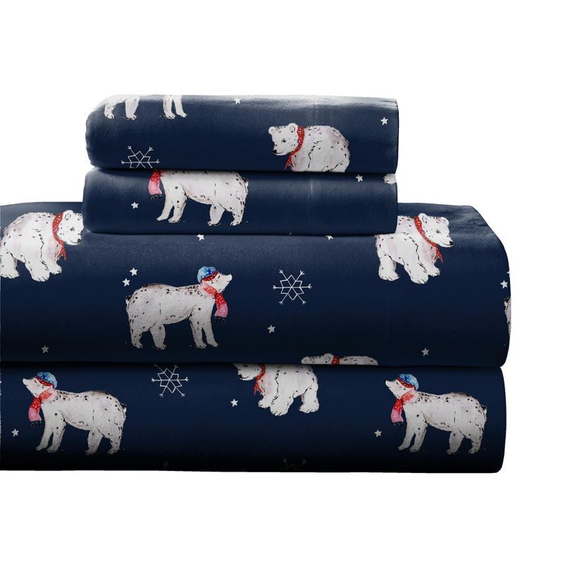 California King Snow Bear Print Cotton Flannel Deep Pocket Sheet Set