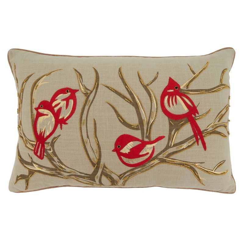 Natural Cotton Embroidered Bird and Branch Rectangular Pillow