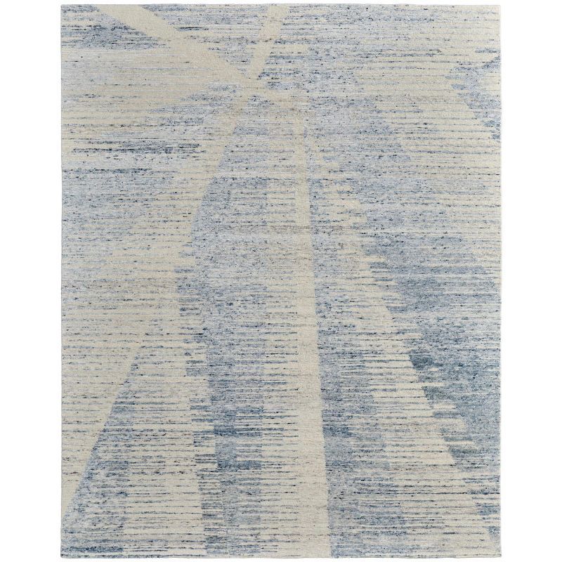 Ivory and Blue Hand-Knotted Wool and Viscose Abstract Rug