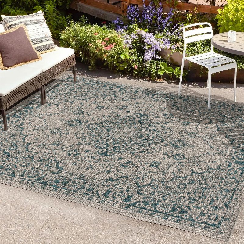 Rozetta Gray and Teal Medallion Synthetic Area Rug