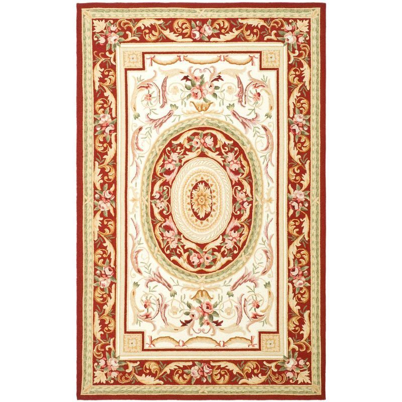 Elegant Ivory and Burgundy Floral Wool Area Rug 5'3" x 8'3"