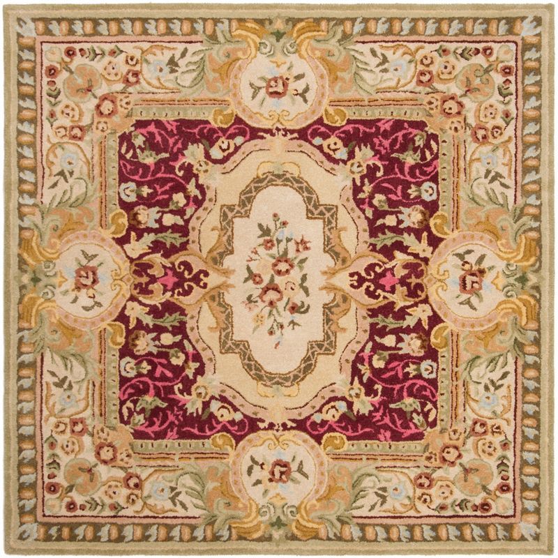 Savonnerie Red and Ivory Wool 6' x 6' Square Tufted Area Rug