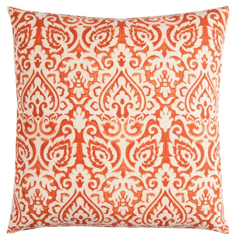 22" Orange and Natural Cotton Damask Square Throw Pillow