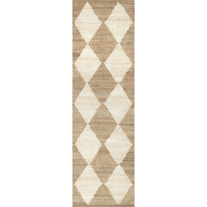 Natural Diamond Checkerboard Flat Woven Jute Runner Rug, 2' x 8'