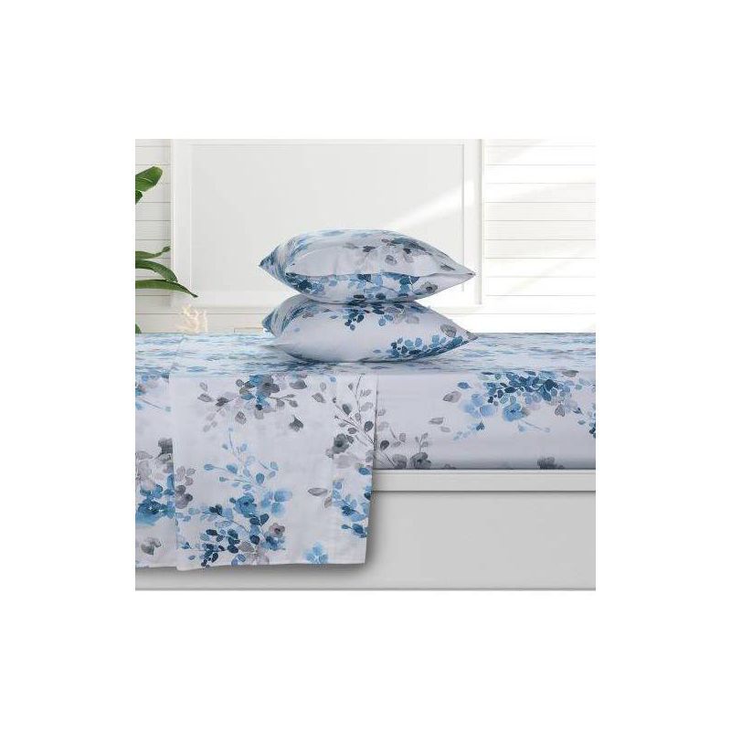 Twin XL Isabella Blue-Grey Organic Cotton Floral Sheet Set