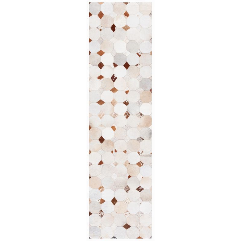 Hand-Stitched Ivory and Brown Geometric Cowhide Rug - 2'3" x 9'