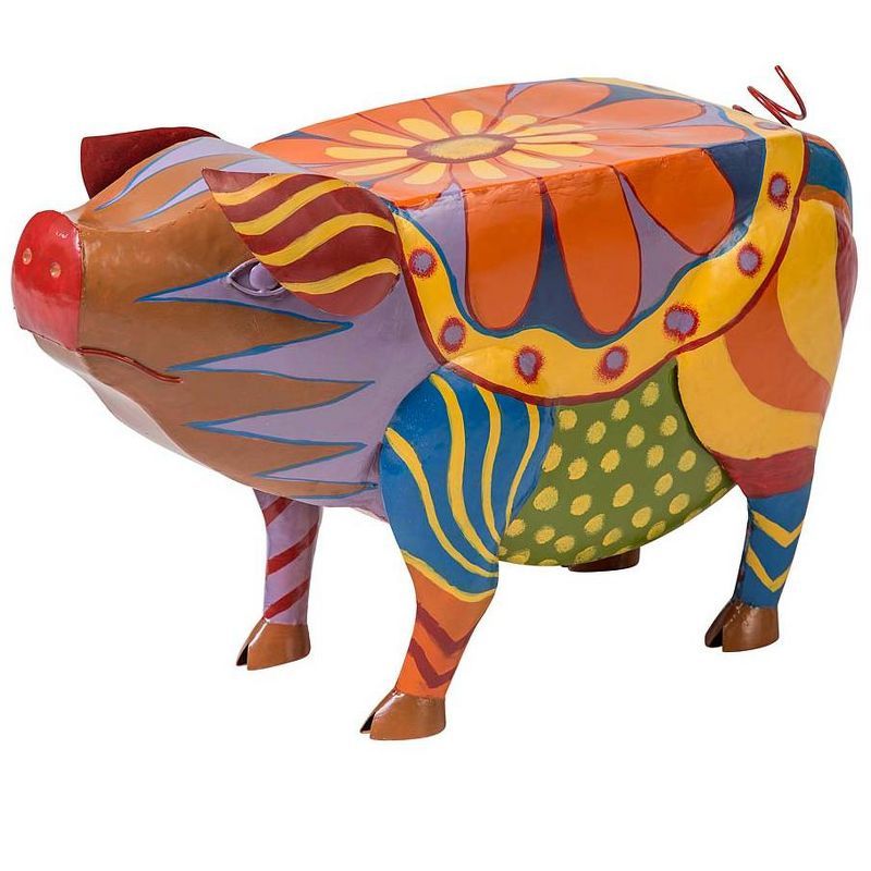 Colorful Folk Art Pig Metal Outdoor Side Table