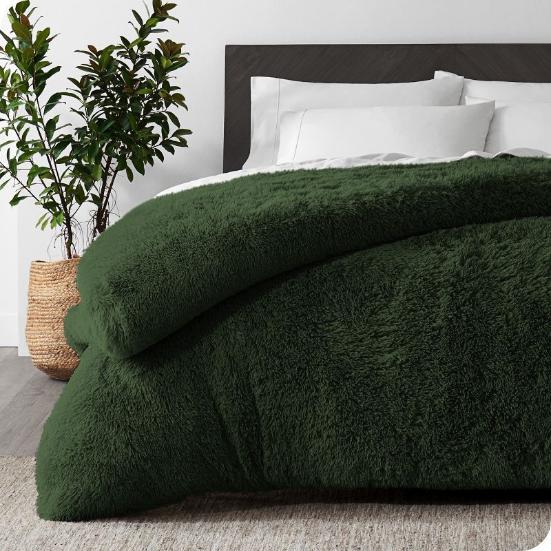 Forest Green Queen Shaggy Faux Fur Duvet Cover